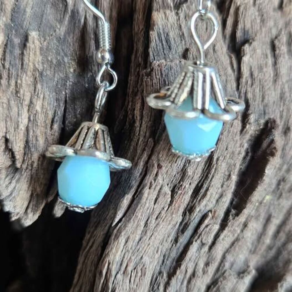 Light Blue Acrylic Dangle Earrings | Silver Tone Floral Bead Caps | Handmade